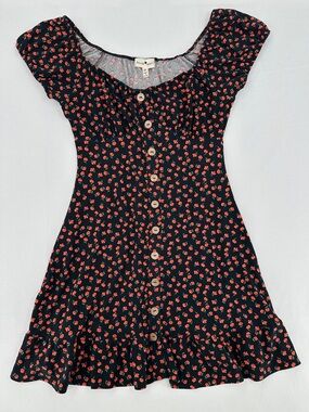 Derek Heart Black Red Ditsy Floral Milkmaid Mini Dress Button Front Size Medium